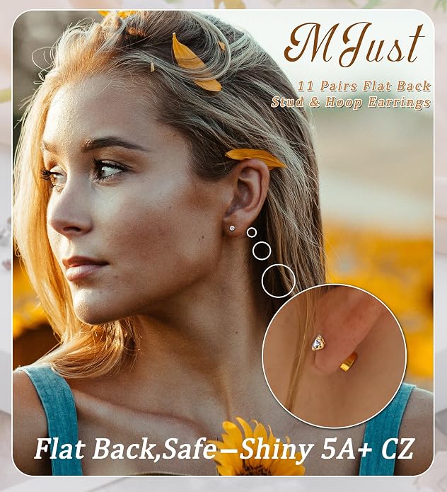 MJust 18 Pairs Women‘s Hypoallergenic Flat Back Stud Earrings, 20g Stainless Steel Earrings Sets for Men, Tiny Unisex Screw Back Cartilage Earrings.