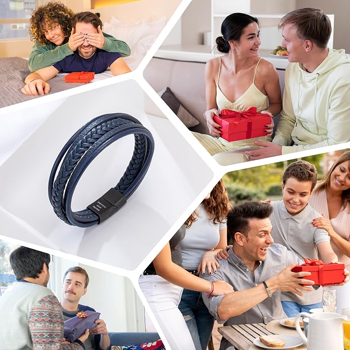 murtoo Mens Leather Bracelet with Clasp Cowhide Multi-Layer Braided Leather Mens Bracelet