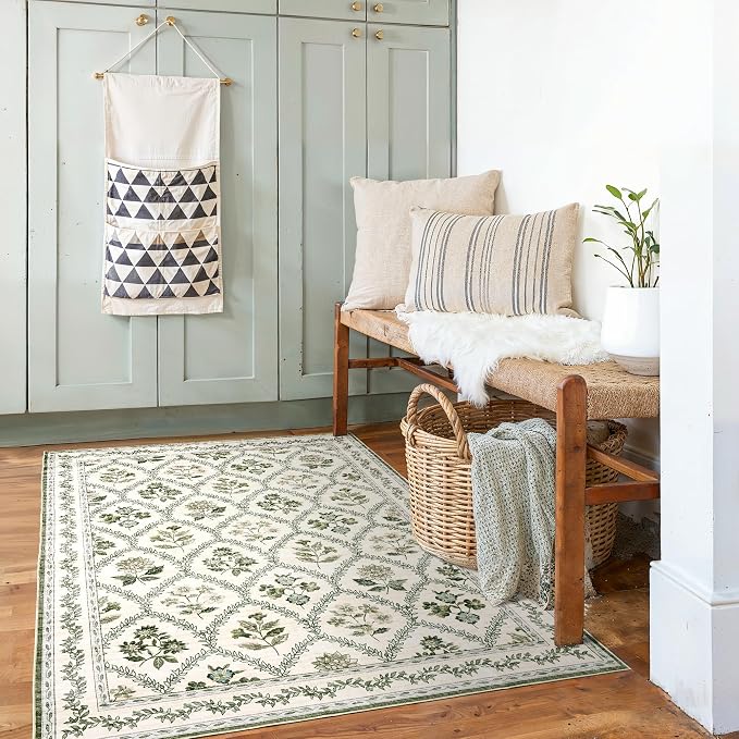 Green and Beige Rugs 4x6 Nursery Area Rugs Washable for Living Room, Christmas Faux Wool Soft Floral Boho Vintage Indoor Carpet for Bedroom, Dark Emerald Olive Green Flower and Leaf