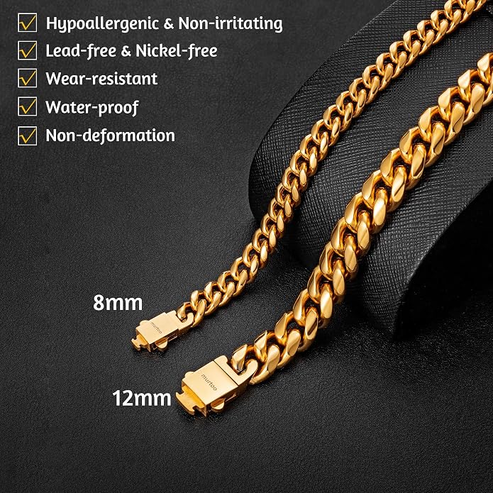 murtoo Mens Cuban Link Chain Bracelet, 6/8/12MM Stainless Steel Bracelets for Men Silver Black Gold, Hip Hop Link Bracelet with Detachable Clasp Gift for Men Him