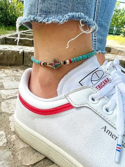 Made by Nami Boho Surfer Anklet Waterproof & Adjustable Beaded Anklets for Women Beachy Ankle Bracelet Made from Waxed Cotton Rope and Beads for Summer and Hippie Style