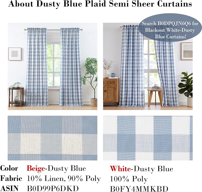 Dusty Blue White Buffalo Plaid Semi Sheer Curtain Panels 84 Inch | Farmhouse Buffalo Check Pattern Drapes,Rustic Window Treatment for Bedroom Living Room,Rod Pocket,52"Wx84"L,Pack of 2