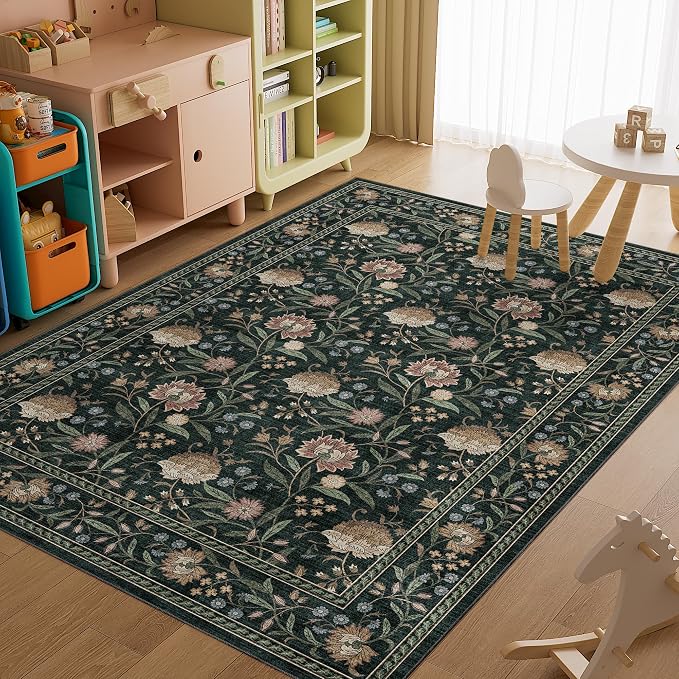 DUKINO 6x9 Area Rug Vintage Floral Washable Rugs for Living Room Dark Green | Non Slip, Low Pile, Non-Shedding, Stain Resistant Soft Large Carpet for Bedroom Home Office Dining Room Farmhouse, Home Decor