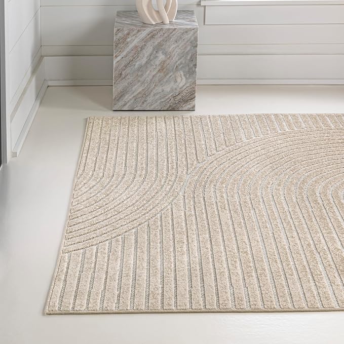 JONATHAN Y Hallie High-Low Curve Beige/Cream 2x8 Indoor/Outdoor Runner Rug, Minimalist Geometric, Pet Friendly, for Patio, Backyard, Living Room, Bedroom, Office, Hose-Washable (SCN100D-28)