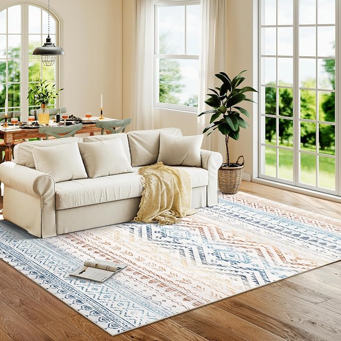 Miukiki 5x7 Area Rug for Living Room Moroccan Washable Rugs Non Slip Indoor Floor Carpet Foldable Large Soft Area Rug for Dining Room Bedroom with Low Pile(Colorful,5'x7')
