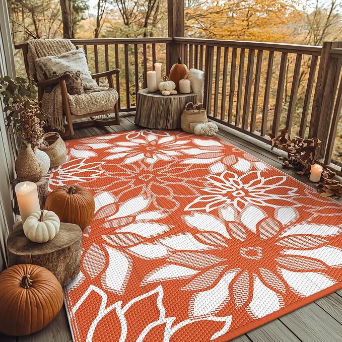 GENIMO Outdoor Rug Waterproof for Patio Decor, 6' x 9' Reversible Plastic Straw Floral Camping Carpet, Large Area Rugs Mats for RV, Camper, Deck, Balcony, Porch, Beach, Picnic, Orange & White