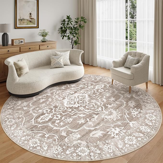 Soalmost Washable Round Rug 9ft for Living Room,Soft Circle Rug Light Brown | Vintage Floral Ultra-Thin Non-Slip 9x9 Round Throw Carpet for Nursery Bedroom Kitchen Dining Room 9'Round