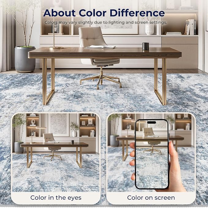 DMOYEST 10x12 Area Rug for Living Room, Washable & Non Slip Large Indoor Carpet, Kid & Pet Friendly Soft Thin Low Pile Abstract Rug for Bedroom and Office - Blue