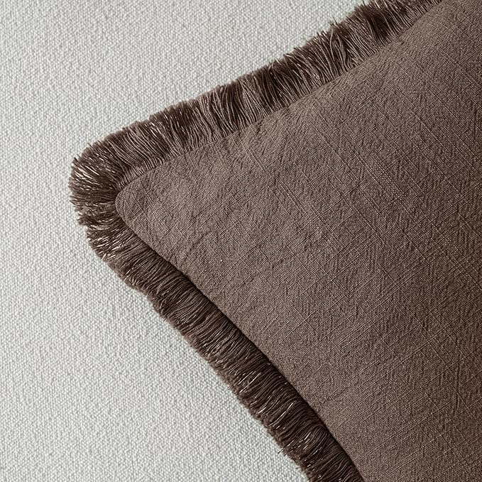 MIULEE Decorative Throw Pillow Covers Neutral Linen Fringe Throw Pillows Euro Shams Set of 2 Reddish Brown Boho Farmhouse Cushion Covers for Couch Sofa Bed Living Room Fall Home Decor 24x24 Inch