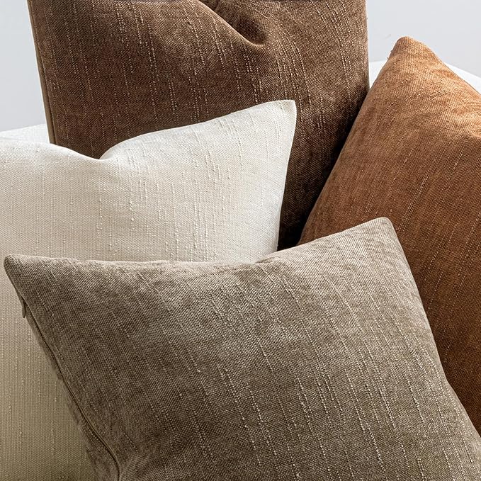 MIULEE Pack of 4 Fall Decorative Throw Pillow Covers 20x20 Inch Chenille Textured Throw Pillows Boho Farmhouse Cushion Covers Vintage Home Decor for Couch Sofa Bed Living Room，Beige Taupe Brown