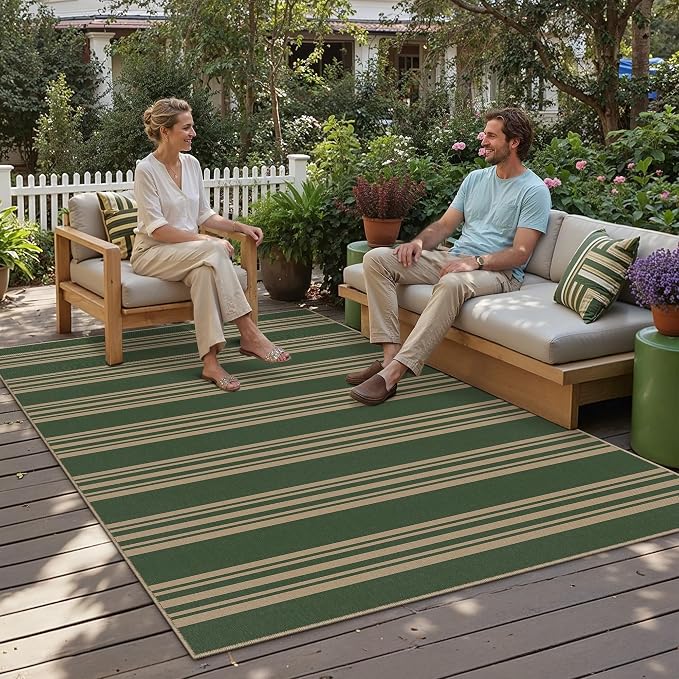 PureCozy Outdoor Rug 8x10 Washable Striped Jute Look Non Slip Carpet | Green and Tan Stripe Farmhouse Style, Indoor Outdoor Area Rugs for Patio, Living Room, Dining Room, Non Shedding, Neutral Rug