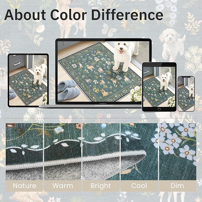Soalmost Dog 6x9 Area Rugs for Living Room, Washable Soft Rug Navy Blue | Floral Vintage Non-Slip Low Pile Cute Animal Throw Rugs for Kitchen Dining Room Bedroom Nursery Playroom 6' x 9'