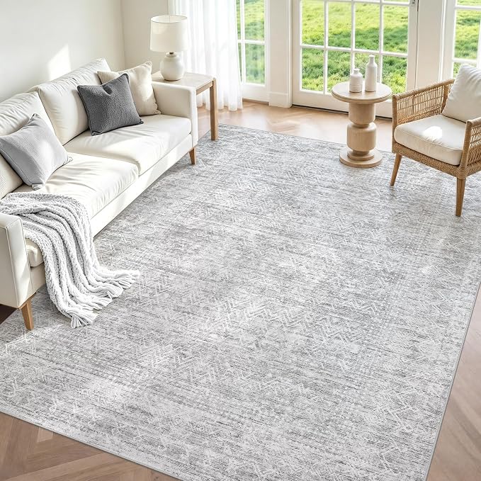 5X7 Area Rug for Living Room, Washable Moroccan Geometric Rug Soft Non-Slip Rubber Vintage Boho Large Rug, Low Pile Farmhouse Carpet for Bedroom Dining Room Nursery Modern Office (Gray, 5'x7')