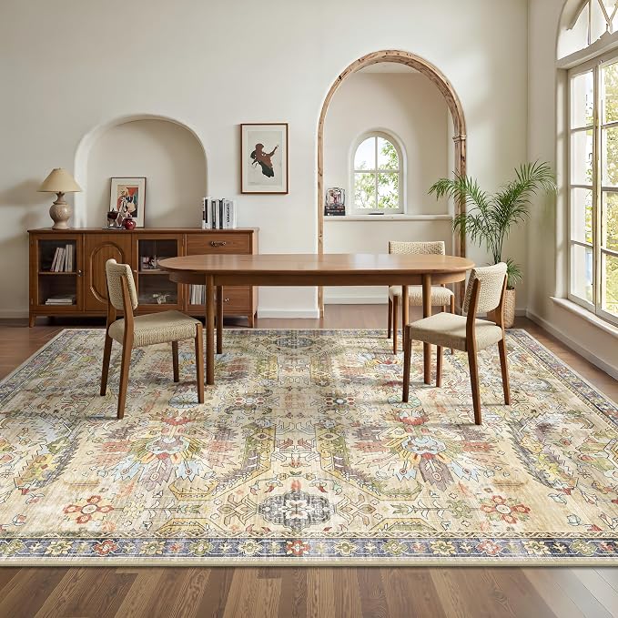 8x10 Area Rugs, Vintage Retro Soft Washable Rug, Non-Slip Low Pile Rugs for Living Room, Bedroom, Dining Room, Stain Resistant Home Decor Rug (Vintage Ivory/Multi)