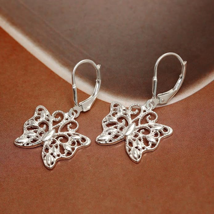 Charmsy 925 Sterling Silver Filigree Earrings for Women | Lightweight Diamond-Cut Openwork Leverback Dangle Earrings | Romantic Jewelry Gifts for Women