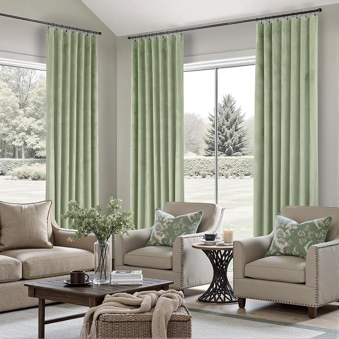 Sage Green Velvet Curtains for Bedroom 84 Inch Length 2 Panels Set Thick Privacy Thermal Insulated Dark Out Room Darkening Light Sage Boho Curtain Drape for Living Room Luxury 84 Long Back Tab Pocket
