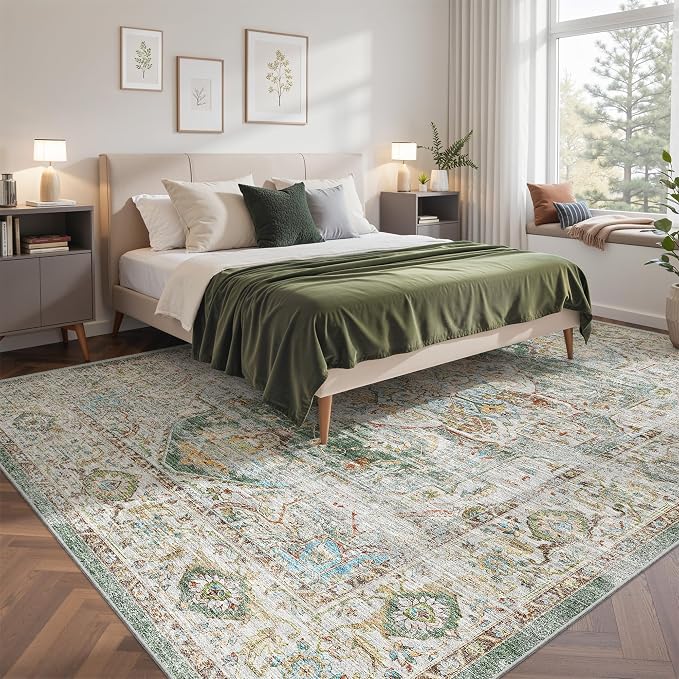 befbee Washable Rug 8x10 Area Rugs for Living Room - Stain Resistant Non-Slip Backing Rugs for Bedroom - Vintage Large Area Rug (Green, 8'x10')