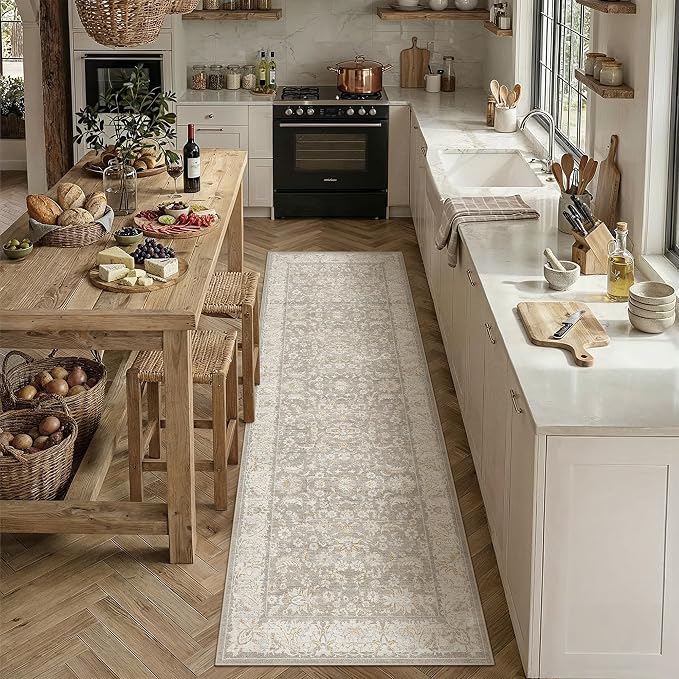 2x8 Taupe Washable Runner Rug Non Slip Retro Distressed Carpet | Soft Low Pile, Lightweight Foldable, Pet Friendly, Hallway, Kitchen, Bathroom, Front Door, Beside Bed
