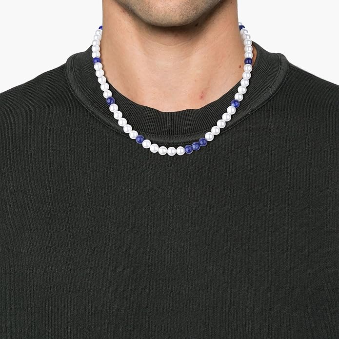 GAVU Men's Pearl Necklace, Pearl Jewelry Crystal Beaded Necklace for Men 20"/22"/24"/26"