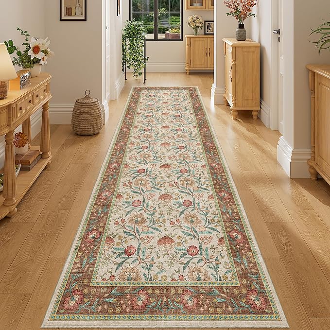 DUKINO 2.6x8 Runner Rug, Washable Vintage Floral Kitchen Runners Rug, Brown | Non Slip, Low Pile, Non-Shedding Soft Carpet for Hallway Bathroom Laundry Entryway Bedroom Farmhouse, Kids and Pets Friendly