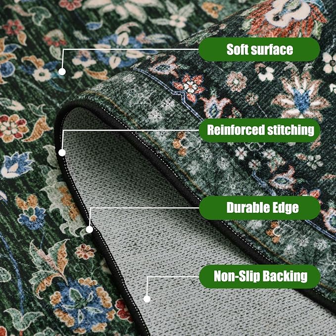 Dark Green Runner Rug 2x4 Rugs Boho Small Washable Runner Rugs for Entryway Bathroom Kitchen, Small Rugs Soft Low Pile Non-Slip Rubber Backing Oriental Door Mat