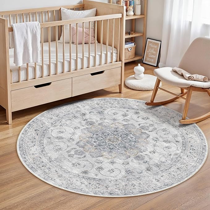HUGEAR Round Rugs 4x4 Machine Washable Vintage Blue Throw Carpet Non Slip Stain Resistant Low Pile for Living Room Bedroom Kitchen Retro Aesthetic Modern Decor