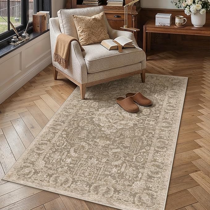HUGEAR 3x5 Entryway Rug Taupe Machine Washable Rug Small Area Rugs Room Decor Distressed Vintage Indoor Mat Non Slip Low Pile Carpet for Kitchen Living Bedroom Soft Lightweight