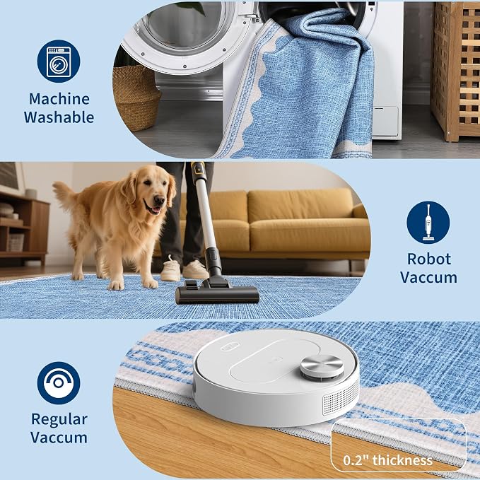 GarveeHome Door Mat Indoor Rugs for Entryway Small Throw Rug 2x3 Washable Non-Slip Solid Blue Modern Minimalism Soft Low-Pile Scalloped Carpet for Bedroom Kitchen Bath Entrance with Rubber Back
