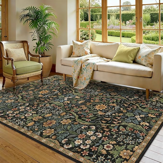 5×7 Area Rugs Black Brown Washable Floral Rug,Vintage Boho Soft Low-Pile Living Room Rugs, Stain Resistant Botanical Non-Slip Carpet for Girls Bedroom,Dining Room,Kids Nursery,Home Decor