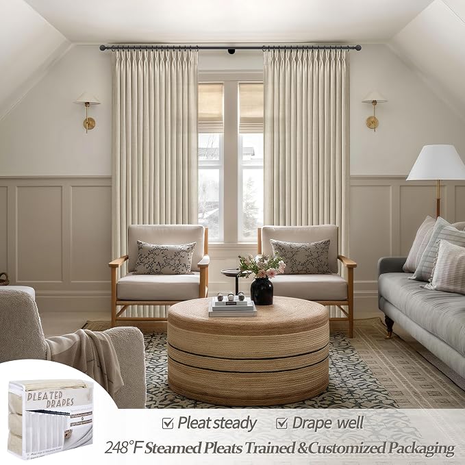PleatedDrapes Light Flax Sheer Pinch Pleated Drapes 105 Inches Long for Living Room, Elegant Warm Beige Light-Filtering Semi Through Boho Curtains Office 104-105 Inch Large Window Curtain 2 Panels Set