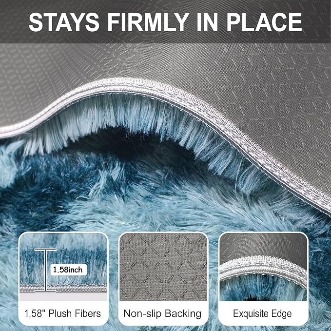 2x8 ft Plush High Pile Blue Tie-Dyed Rug Fluffy Soft Runner Bedside Rug for Bedroom Living Room Hallway Nursery Kids Home Decor Shag Carpet