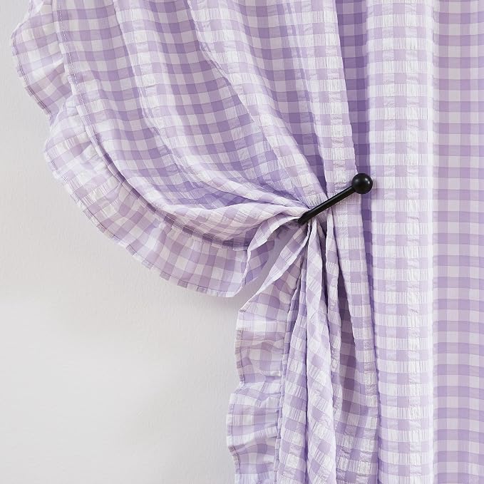 ZJDECOR Purple Buffalo Plaid Crinkle Ruffle Window Curtains 84 Inches Long | Lavendar Cottage Not-See-Through Sheer Drapes for Nursery Kidsroom,Farmhouse Window Treatment,Rod Pocket,40"Wx84"Lx2