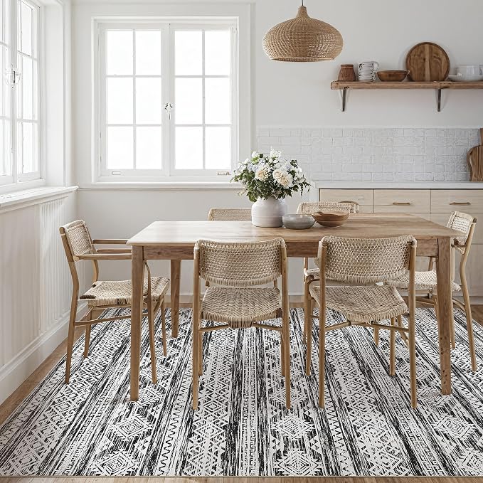 Tortania Area Rug Living Room Rugs - 7x9 Washable Large Soft Neutral Boho Moroccan Bohemian Farmhouse Rug Indoor Floor Carpet for Bedroom Under Dining Table Home Office Decor - Black White