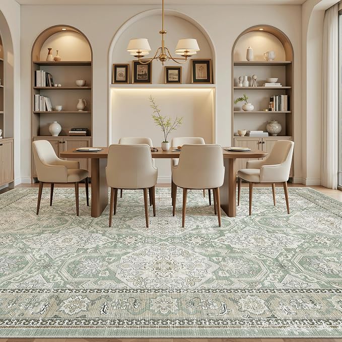 Soalmost 10x14 Area Rugs for Living Room, Non Slip Machine Washable Vintage Rugs, Low Pile Lightweight Large Rug for Bedroom, Dining Room, Home Office Green/Brown