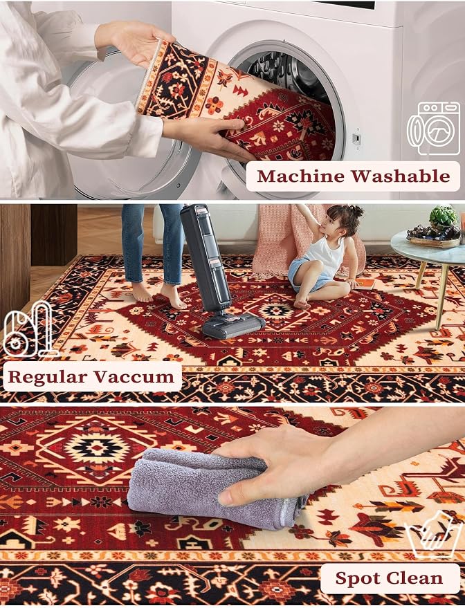 SERISSA Runner Rug for Hallways, 2'6"x14' Washable Non Slip Runner Rug, Extra Long Boho Rug Ultra Soft Vintage Red Black Print Floor Carpet for Bedroom Hallway Entryway Bathroom Laundry Room