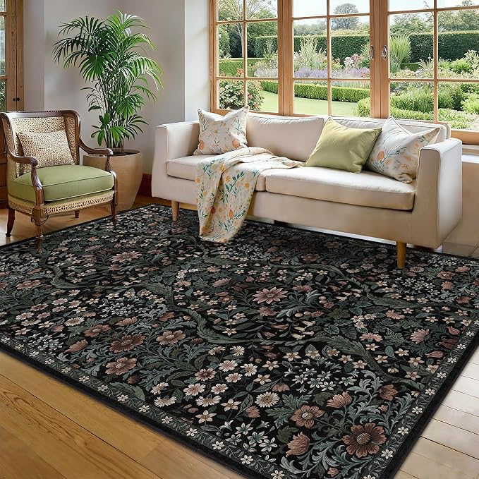 5×8 Black Washable Floral Area Rug,Vintage Boho Soft Low-Pile Living Room Rugs, Stain Resistant Botanical Non-Slip Carpet for Bedroom,Dining Room, Kids Nursery,Home Decor