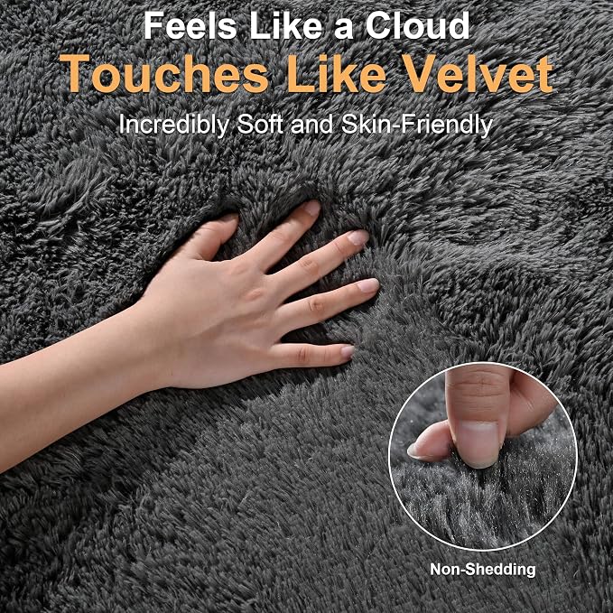 Fluffy Rugs for Living Room: Dark Grey Soft Shag Rug for Bedroom, Large Fuzzy Plush Indoor Floor Carpet Non Slip Modern Rug for Nursery Boys Girls Kids Room Playroom Dorms Home Decor, 9x11 Feet
