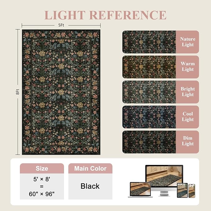 DUKINO 5x8 Area Rug, Vintage Floral Washable Rugs for Living Room, Black | Non Slip, Low Pile, Stain Resistant, Non-Shedding Soft Boho Floor Carpet for Bedroom, Dining Room, Home Office, Farmhouse