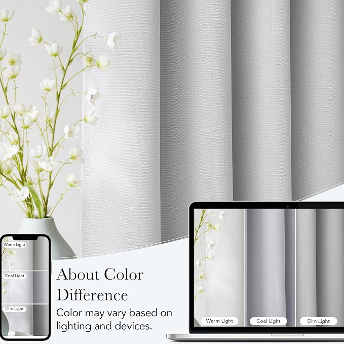 NICETOWN Greyish White Faux Linen Room Darkening Rod Pocket Curtains 63 inch Length, W42 x L63, Light Blocking Thermal Insulated Noise Reducing Drapes for Bedroom Living Room Farmhouse Decor, 2 Panels