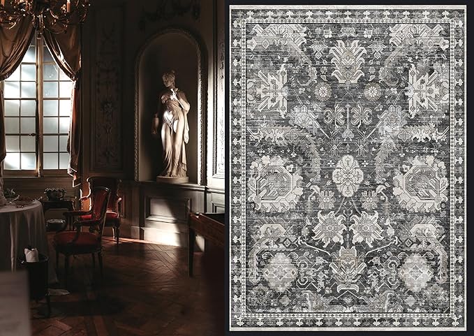 RUGSURE Washable Area Rugs - Perfect for Living Room, Bedroom, Kids Room, Nursery - Stain & Water Resistant Non-Slip, Pet & Child Friendly, Vintage Tribal Area Rugs (Grey, 8' x 10')
