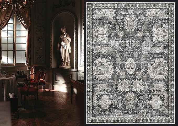 RUGSURE Washable Area Rugs - Perfect for Living Room, Bedroom, Kids Room, Nursery - Stain & Water Resistant Non-Slip, Pet & Child Friendly, Vintage Tribal Area Rugs (Grey, 9' x 12')