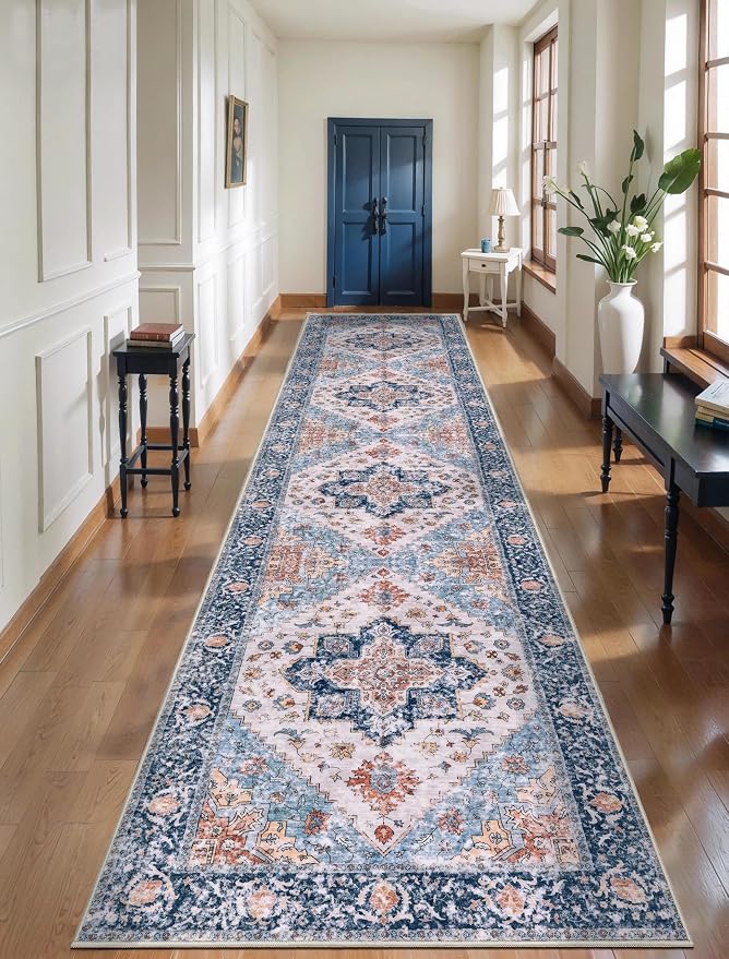 SERISSA Runner Rug for Hallways, 3x14 Washable Non Slip Kitchen Runner Rug, Extra Long Boho Rug Ultra Soft Vintage Blue Orange Print Floor Carpet for Bedroom Hallway Entryway Bathroom Laundry Room