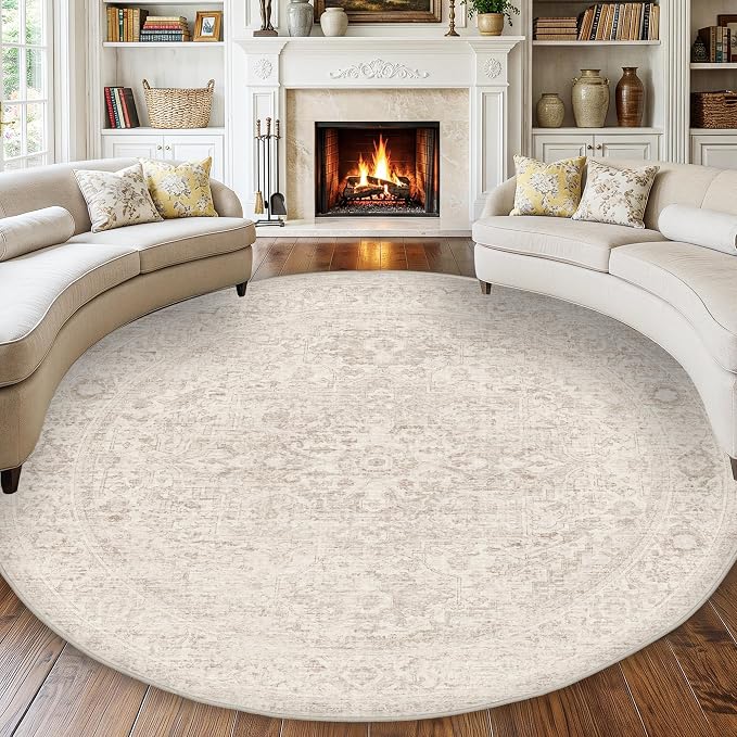 FMFUNCTEX 6ft Round Washable Area Rug Beige Vintage Neutral Oriental Distressed Non Slip Carpet for Living Room Bedroom Soft Low Pile Indoor Mat Retro Throw Rug for Dining Room Office Nursery Entry