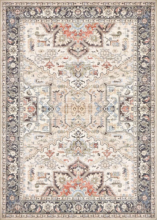 Area Rug for Living Room - 7x9 Soft Washable Oriental Vintage Floral Distressed Large Carpet - Fade Stain Resistant Non Slip Rugs for Bedroom Dining Room Nursery Dorm Office Home Decor - Multi