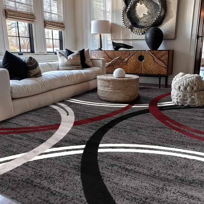 Rugshop Wavy Circles Modern Non-Shedding Living Room Area Rug Red 6'6" x 9'