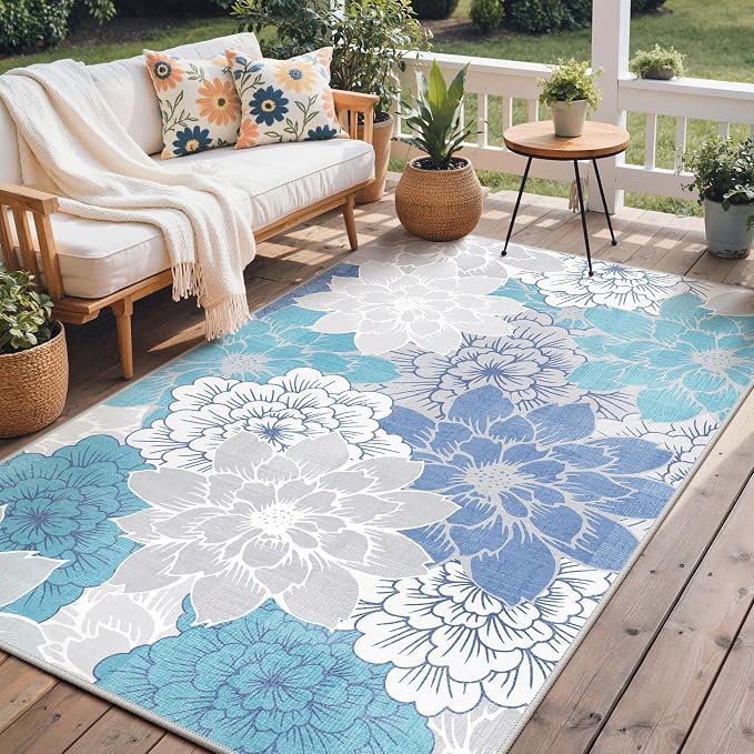 GENIMO 8x10 Outdoor Rug, Washable for Patio and Deck, Aqua Grey | Floral design for backyard; fade resistant chenille with quick-dry non-slip backing for indoor living rooms