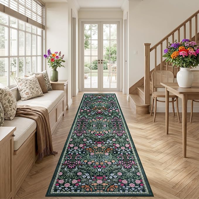 Runner Rug for Entryway: 2.6x14 Kitchen Rugs Non Slip Washable Ultra-Thin Soft Floral Carpet Indoor Floor Stain Resistant Carpets for Hallway Bedroom Kitchen Laundry Bathroom Dorm Dark Green