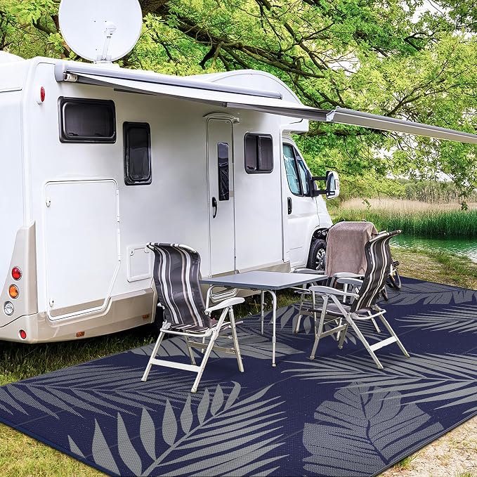 GENIMO Outdoor Rug, Waterproof Plastic Rugs 10'x14' for Camping Blue Grey | Outside Larger Leaf Carpet Mat for Porch Decor, Deck, Camping, RV, Backyard, Balcony, Picnic, Beach, Reversible, Foldable
