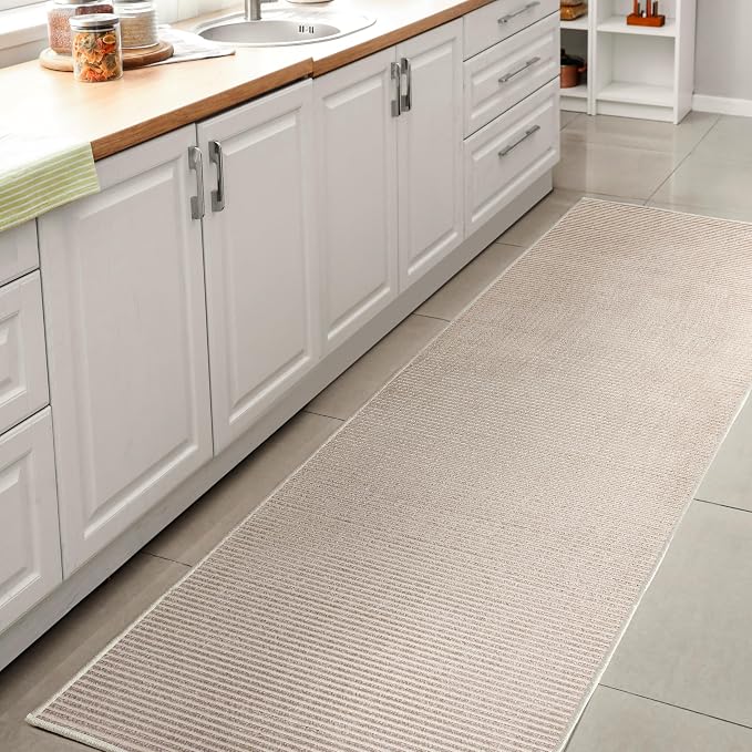 JONATHAN Y Cole Pinstripe High-Low Cream/Silver Runner Rug, 2x8, Modern, Minimalist, Easy-Cleaning for Living Room, Bedroom, Kitchen, Pet Friendly, Non-Shedding (CAR101A-28)