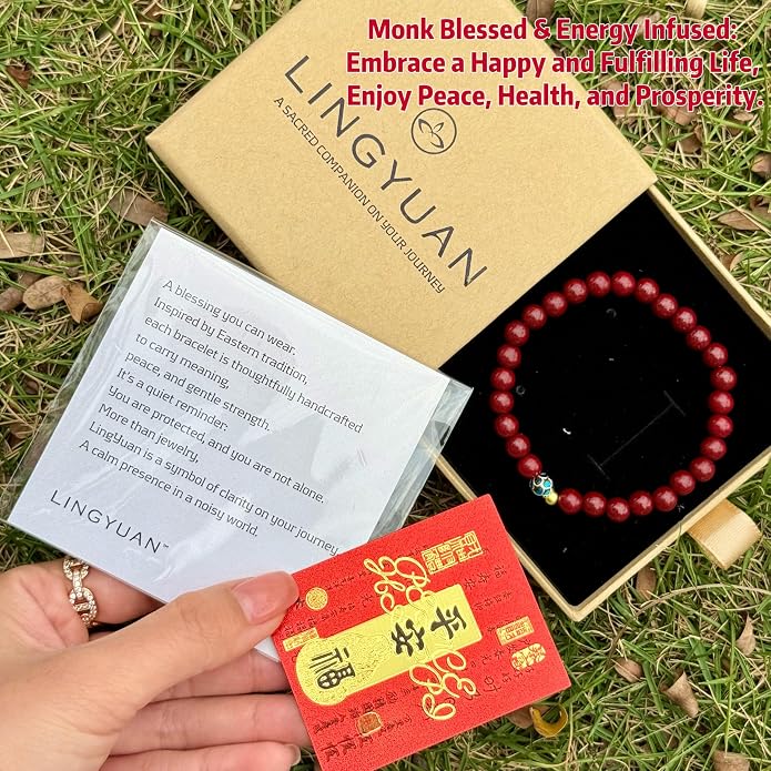 LINGYUAN Feng Shui Wealth and Luck Bracelet with Gold Foil Five Gods Amulet-Red Agate Cinnabar Gemstone Bracelet for Prosperity, Protection & Success, Lucky Charm Gift for Men & Women